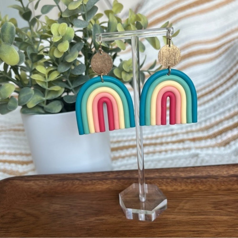 Bohemian Rainbow Clay Dangle Earrings Colorful Ceramic Clay U‎ Shape Earrings